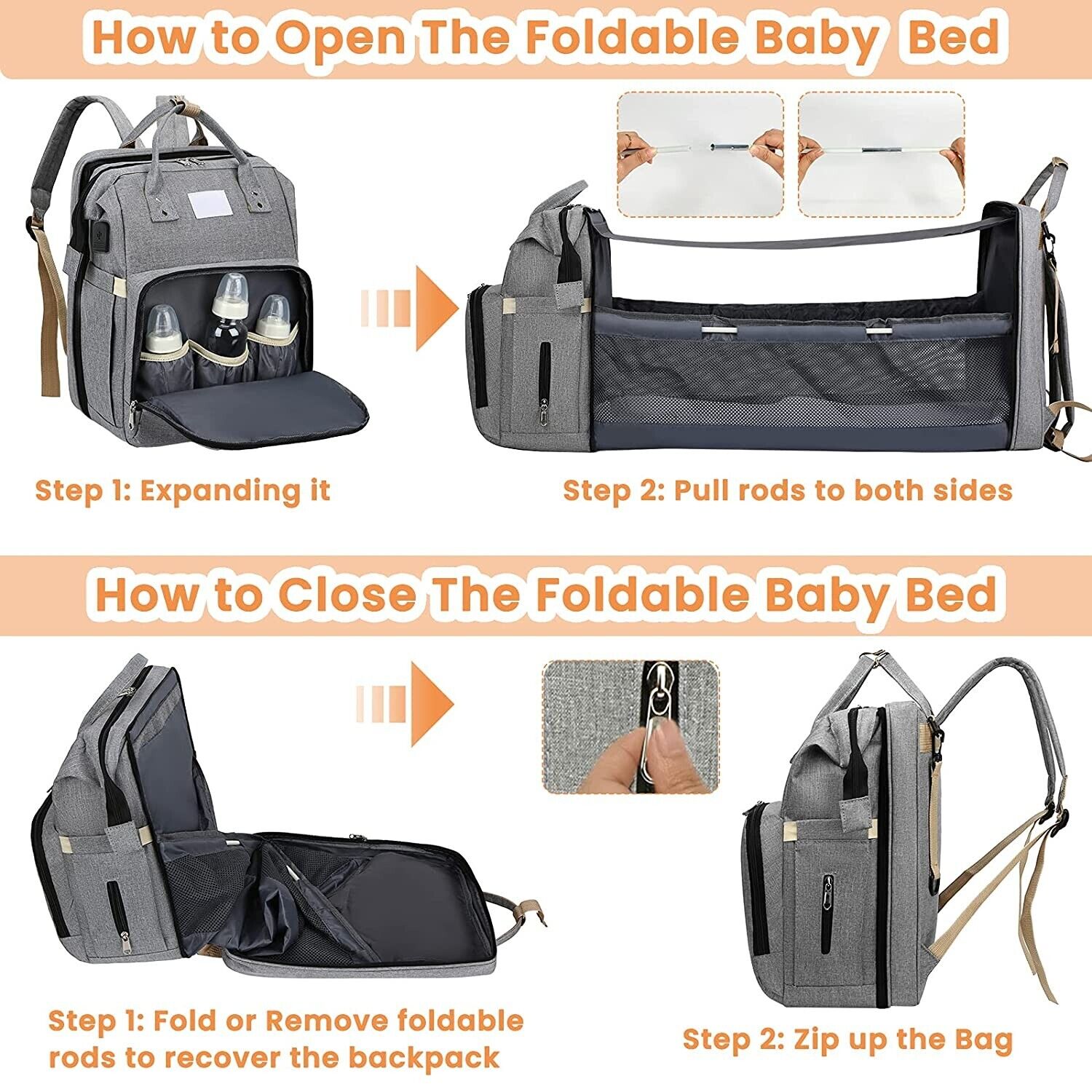 Sac à Langer Multifonction pour bébé 7 En 1 Lit Pliant Sac à Dos Imperméable - couleur au choix – Image 3