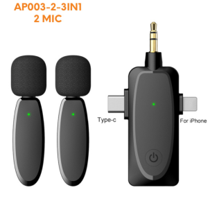Microphone cravate sans fil double micro à revers pour Camera, Android, Ordinateur et IOS, Micros sans fil pour enregistrement audio vidéo, interview, Vlog, diffusion en direct, TikTok, YouTube, réduction du bruit Plug & Play synchronisation automatique - WIRELESS MICROPHONE / MICRO CRAVATE SANS FIL AP003-2-3IN1