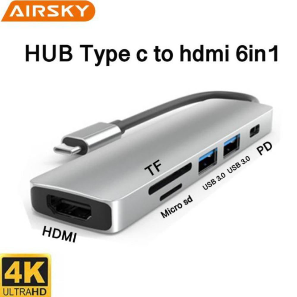 Airsky Hc-13 6 En 1 Type-C Vers Hdmi + Lecteur De Carte Avec Charge Rapide Pd - AIRSKY HC-13