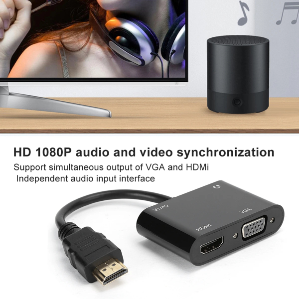 Adaptateur vidéo Full HD 1080P, convertisseur HDMI vers HDMI+VGA, avec câble de chargement Micro-USB, câble Audio 3.5mm - CONVERTISSEUR HDMI TO HDMI+VGA / RS-HDHDVGA – Image 4