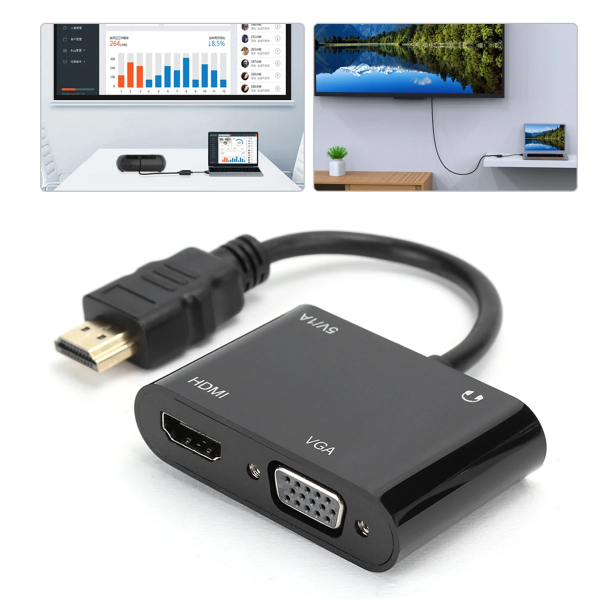 Adaptateur vidéo Full HD 1080P, convertisseur HDMI vers HDMI+VGA, avec câble de chargement Micro-USB, câble Audio 3.5mm - CONVERTISSEUR HDMI TO HDMI+VGA / RS-HDHDVGA – Image 5