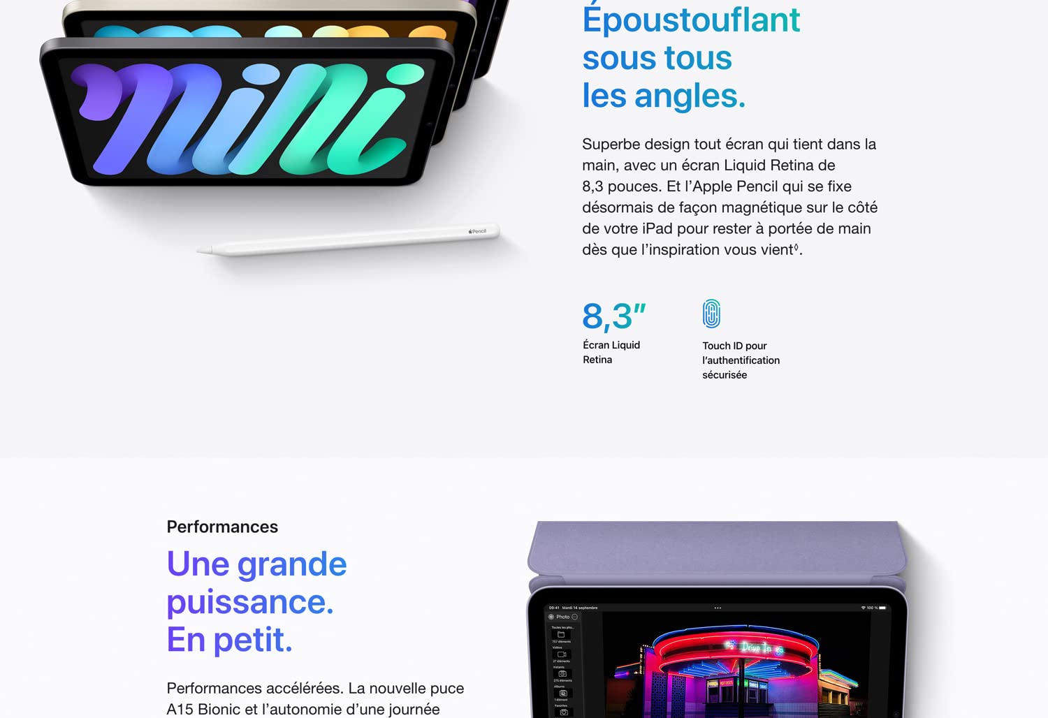 Tablette - Apple A15 Bionic 64 bits - eMMC 256Gb - Écran 8.3" Liquid Retina LED tactile - Wi-Fi AX / Bluetooth 5.0 - Webcam - USB-C - iPadOS 15