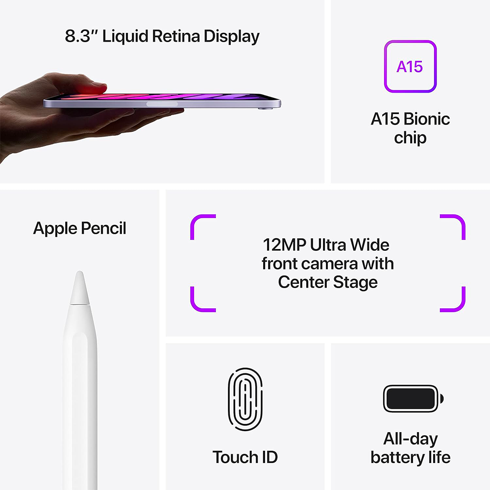 Tablette - Apple A15 Bionic 64 bits - eMMC 256Gb - Écran 8.3" Liquid Retina LED tactile - Wi-Fi AX / Bluetooth 5.0 - Webcam - USB-C - iPadOS 15