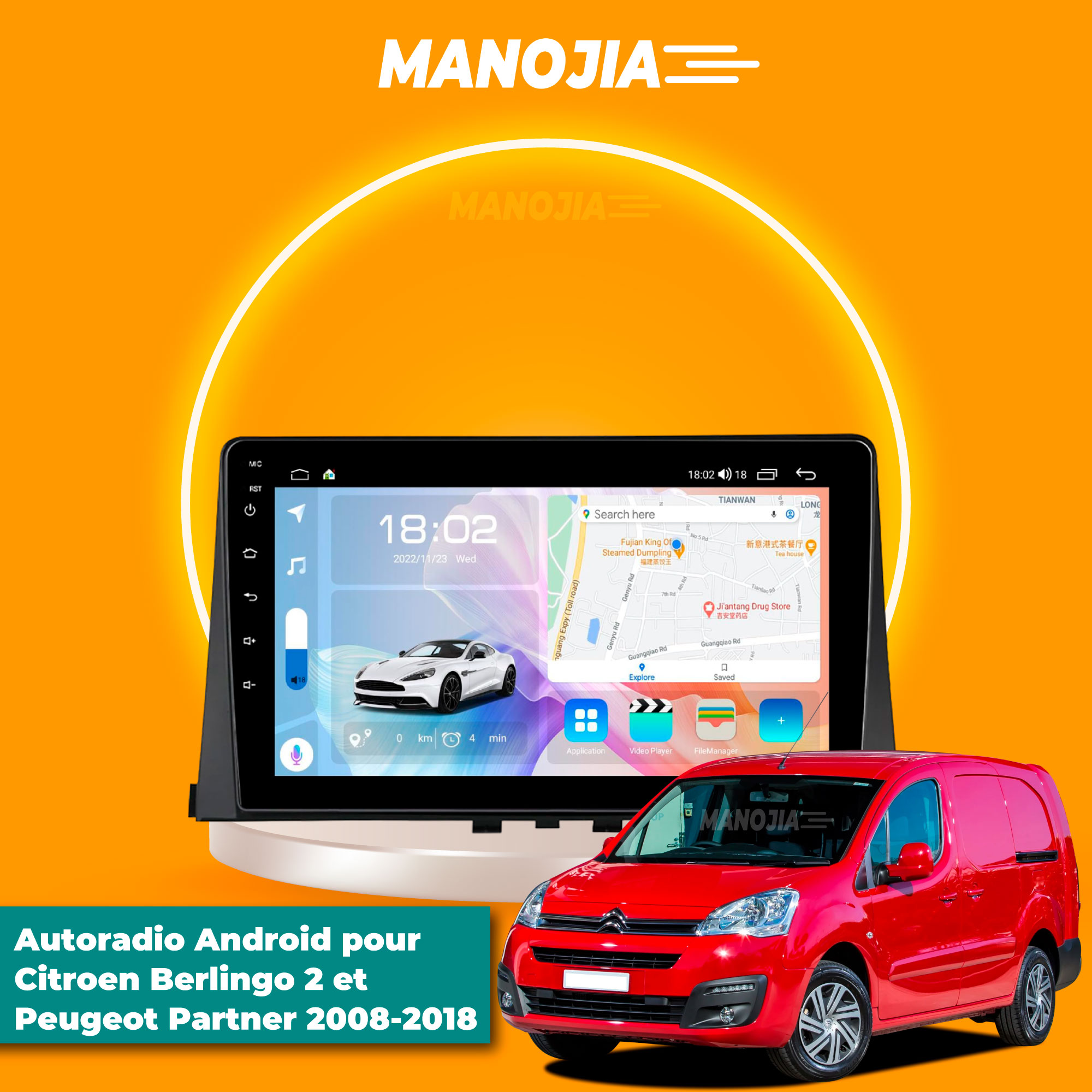 Autoradio Android 13 - 9/10 Pouces Écran Tactile pour Citroen Berlingo 2 et Peugeot Partner 2008-2018 avec CarPlay et Android radio Wifi, GPS, FM, Bluetooth, Caméra de Recul, commande de Volant (2GBde Ram et 32 GB de disc dur)