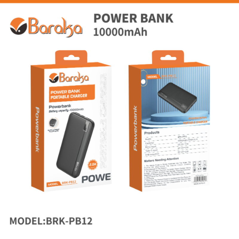 Power Bank 10000mAh Noir Avec 1 Entrée Micro/Type-C Et 2 Sorties USB