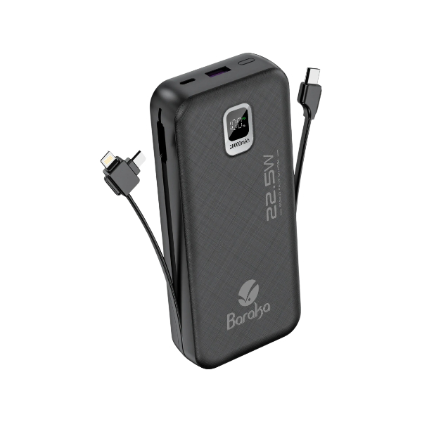 Power Bank 20000mAh Noir Avec 1 Entrée Type-C Et 2 Sorties Type-C & USB + 2 Sorties Cable Lightning/Micro & Cable Type-C