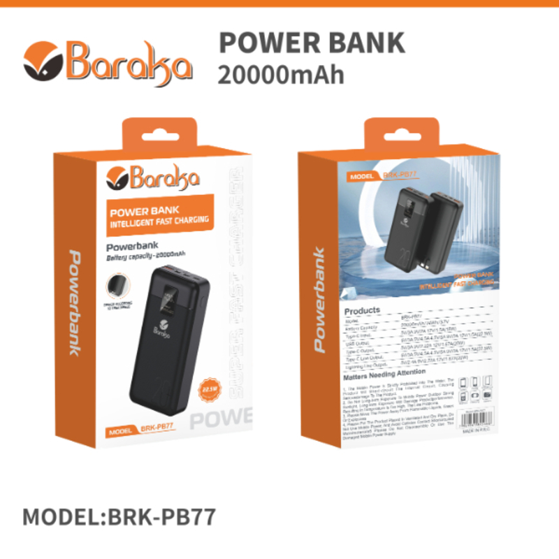 Power Bank 20000mAh Noir Avec 1 Entrée Type-C Et 2 Sorties USB & Type-C + 2 Sorties Cable Type-C & Lightning
