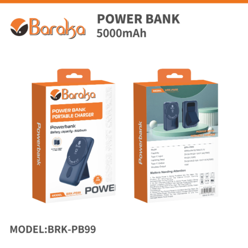 Power Bank Sans Fil 5000mAh Bleu Avec 1 Entrée Type-C Et Lightning + 1 Sortie Type-C Et Sans Fil