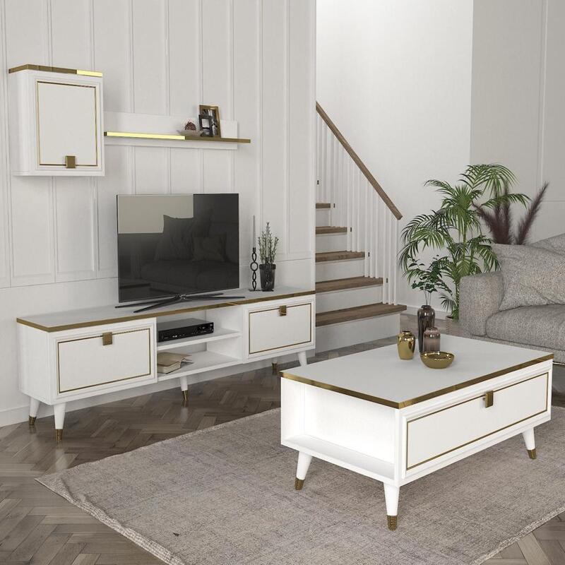 TABLE TELEVISEUR GREW UNIT BLANC 1.80M T808 + TABLE BASSE B808