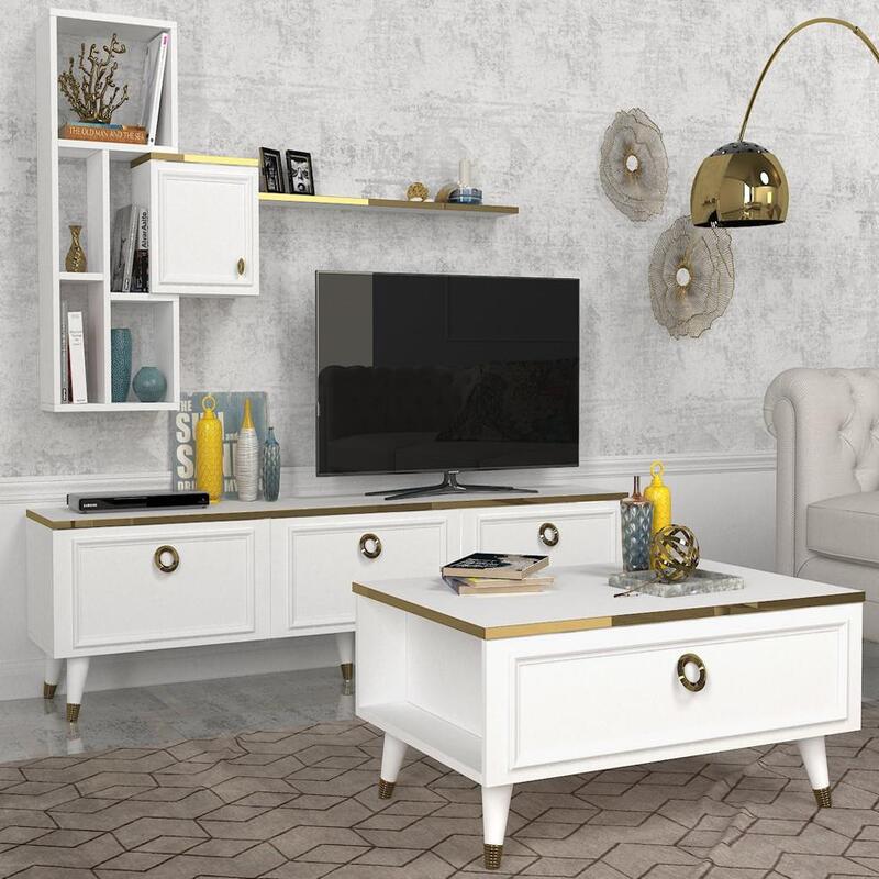 TABLE TELEVISEUR KORNELYA UNIT-BLANC 1.80M T803+TABLE BASSE B803