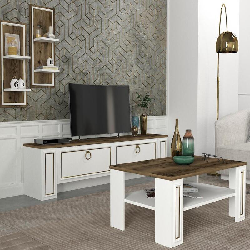 TABLE TELEVISEUR SANSA UNIT-MARON BLANC 1.80M T905+TABLE BASSE B905