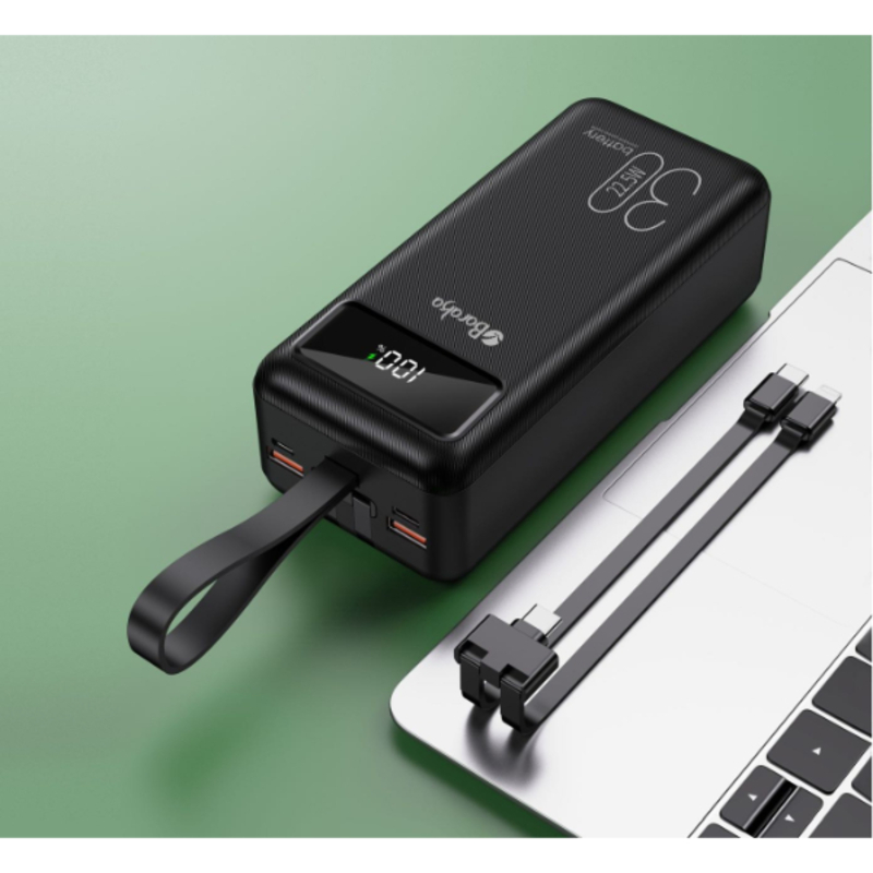 Power Bank 30000mAh Noir Avec 2 Sorties Cable Type-C & Cable Lightning Et 2 Sorties USB & Type-C + 2 Entrées Type-C & Micro