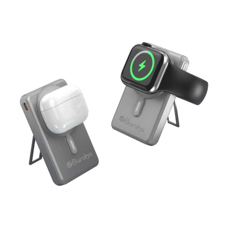 Power Bank 10000mAh Gris Avec 1 Entrée Type-C Et 1 Sortie Type-C + 2 Sorties Cable Lightning & Type-C + Sans Fil Téléphone & Montre
