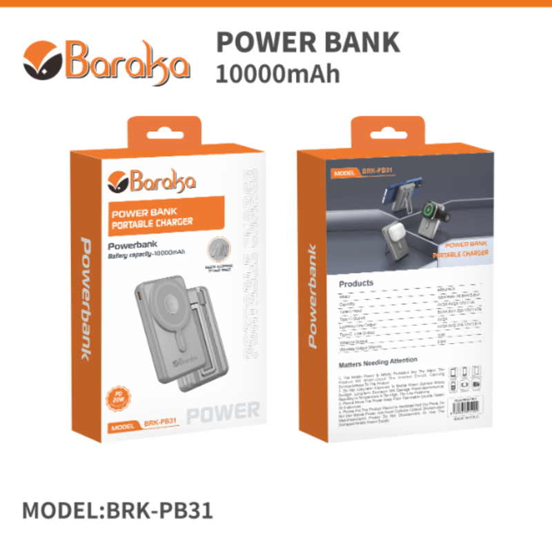 Power Bank 10000mAh Gris Avec 1 Entrée Type-C Et 1 Sortie Type-C + 2 Sorties Cable Lightning & Type-C + Sans Fil Téléphone & Montre