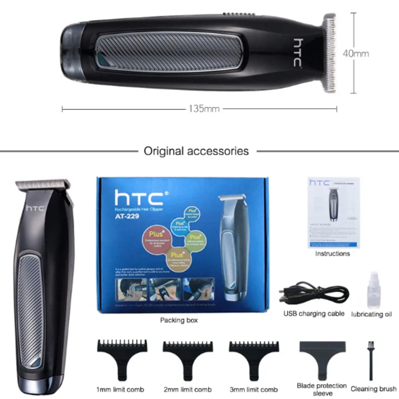 Tondeuse À Barbe Et Cheveux Professionnelle Sans Fil, Charge USB, Lame en T, Coupe Zéro, Avec Batterie Au Lithium, Forte Puissance HTC AT-229C