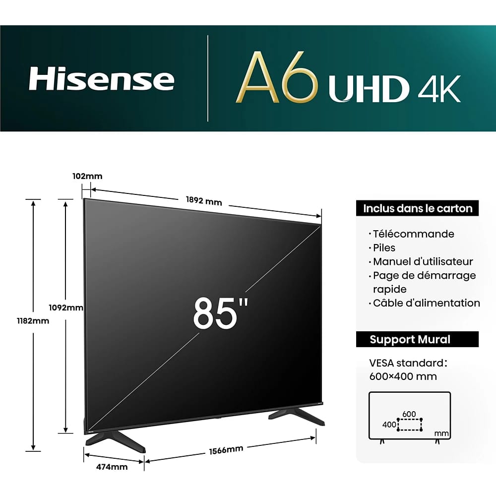 TELEVISEUR HISENSE 85" LED SMART VIDAA UHD 4K 85A6N Vente achat Dakar Sénégal