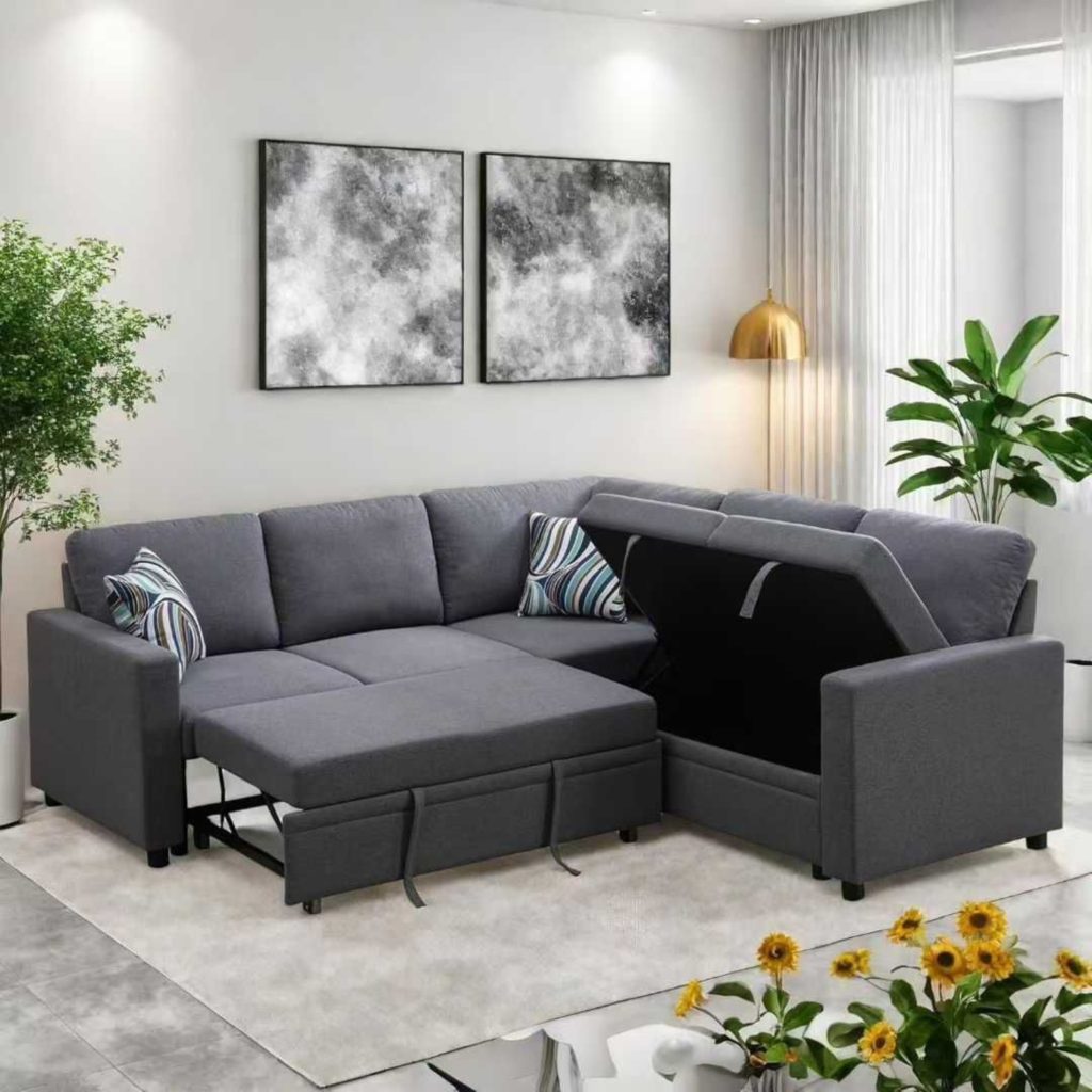 Vente en ligne à Dakar au Sénégal NODIA Design® - Canapé d'angle 5 places convertible en lit avec accoudoirs et avec espace de rangement en forme de L en gris pour salon Appartement Chambre Bureau (1)