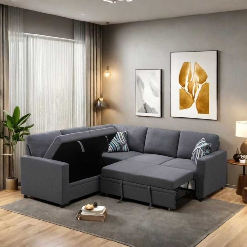 Vente en ligne à Dakar au Sénégal NODIA Design® - Canapé d'angle 5 places convertible en lit avec accoudoirs et avec espace de rangement en forme de L en gris pour salon Appartement Chambre Bureau (1)