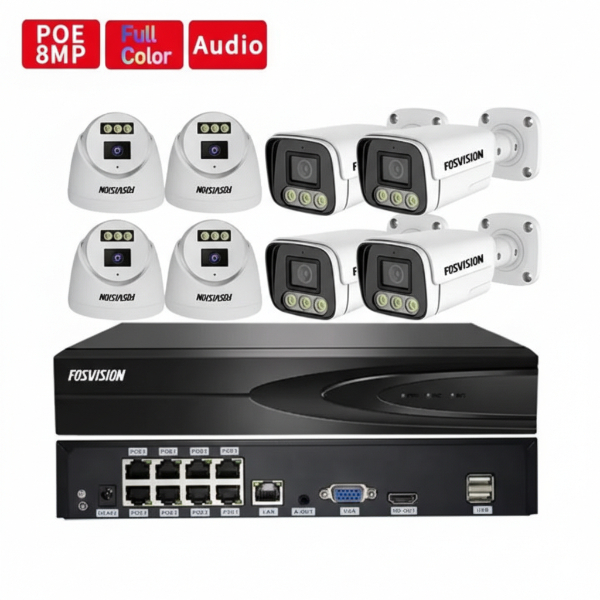 Kit NVR 8 Canneaux IP POE 4K 8MP Full Couleur+Audio FOSVISION NVR 8CH POE 4K 8MP FS-3388/6F88N-PLS kit8