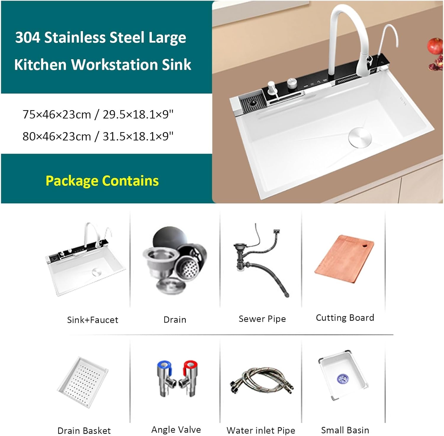 Vente en ligne dakar sénégal évier de cuisine 8046W en acier inoxydable 304-coloris blanc